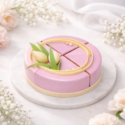 Ružový mix 4 tort k MDŽ – moderné mousse torty zdobené čokoládovými kvetmi.