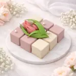 Dezertný set 9 kociek k MDŽ – moderné mousse zákusky zdobené čokoládovými kvetmi.