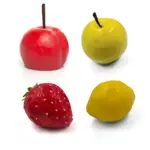 Kolekcia ovocných dezertov – moderné mousse tortičky v tvare čerešne, jablka, citróna a jahody.