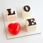 Kolekcia dezertov LOVE – biele kubické tortičky s písmenami L, O, E a srdcom ako V
