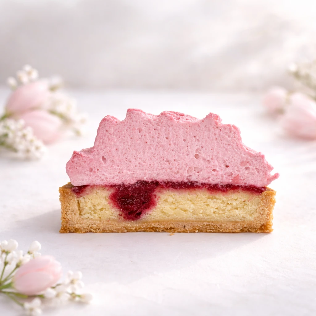 Rez malinovej tartaletky – chrumkavé mandľové sablé, pečený mandľový krém so šťavnatými malinami a vrstva výrazného malinového želé