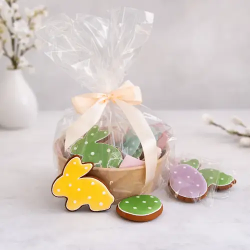 Medové perníky v tvare zajačikov a veľkonočných vajíčok v darčekovom balení